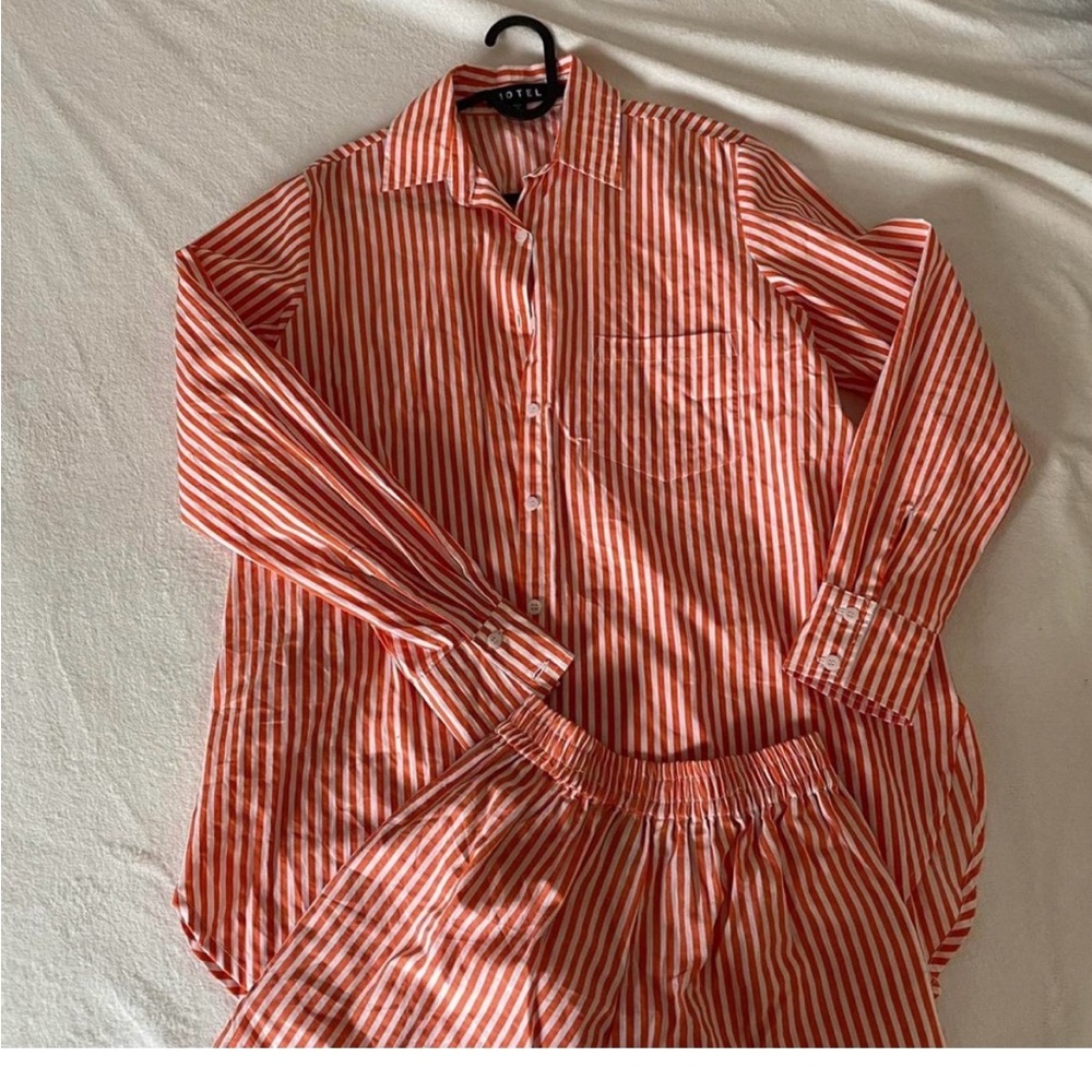 Motel Gane button down shirt and shorts set White and Orange Stripes casual - Picture 3 of 4